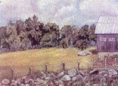 Painting - "Stone Wall and Barn", by Ruth Friberg, Maine artist.