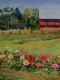 Painting - "Zinnia Patch", by Ruth Friberg, Maine artist.