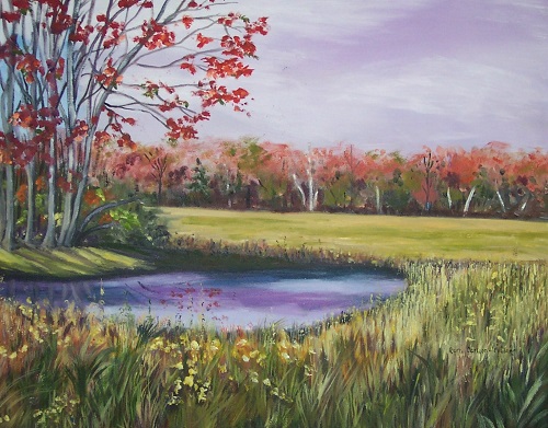 Painting "Field and Pond", by Ruth Friberg, Maine artist.