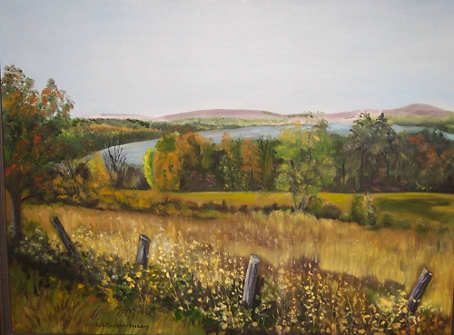 Painting "Field and Lake View", by Ruth Friberg, Maine artist.