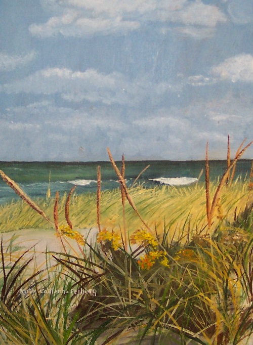 Painting - "Beach with Grass", by Ruth Friberg, Maine artist.