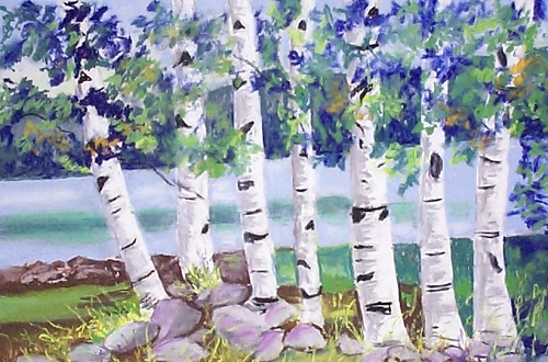 Painting - "Birches and Rocks" by Ruth Friberg, Maine artist.