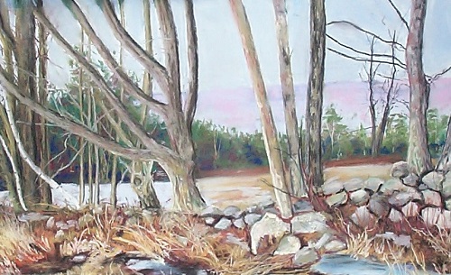 Painting - "Trees and Stone Wall", by Ruth Friberg, Maine artist.